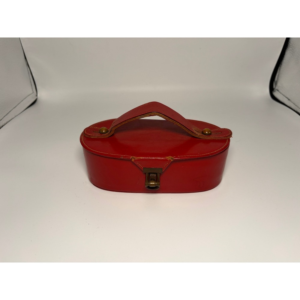 Vintage Red Leather Vanity Case Clutch | Structured Top Handle Hard Case